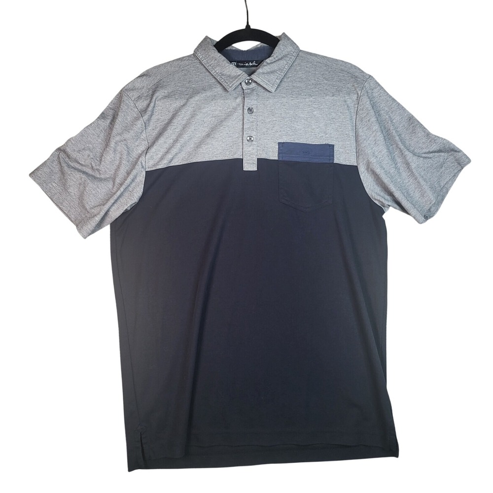 Travis Mathew Polo Shirt Men M Grey Navy Blue Color‎ block Short Sleeve Pocket